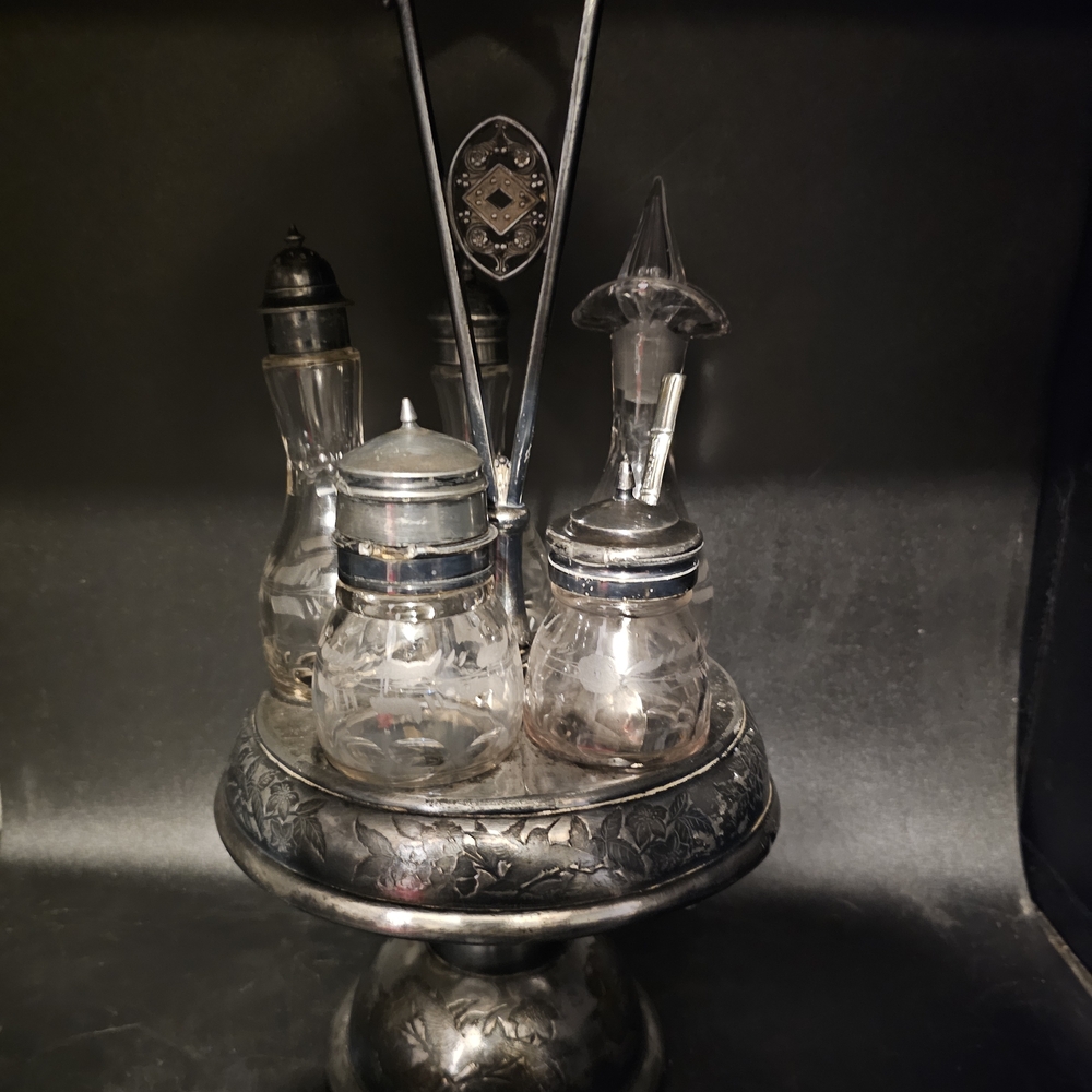 Antique Victorian Silver Plate Footed Condiment Rotating Caddy Etched Glass‎